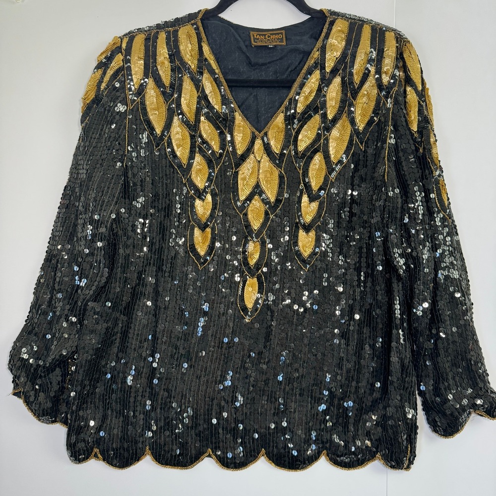 Vintage Tan-Chho Silk Sequin Blouse Black Gold Beaded Evening Top Medium India